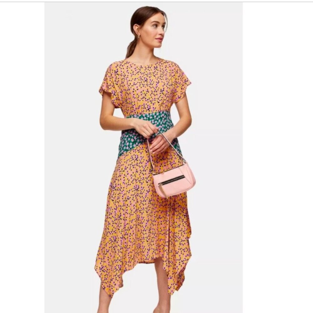 Topshop Midi Dress, Floral Print,  Yellow & Pink Flowers , Dark Green